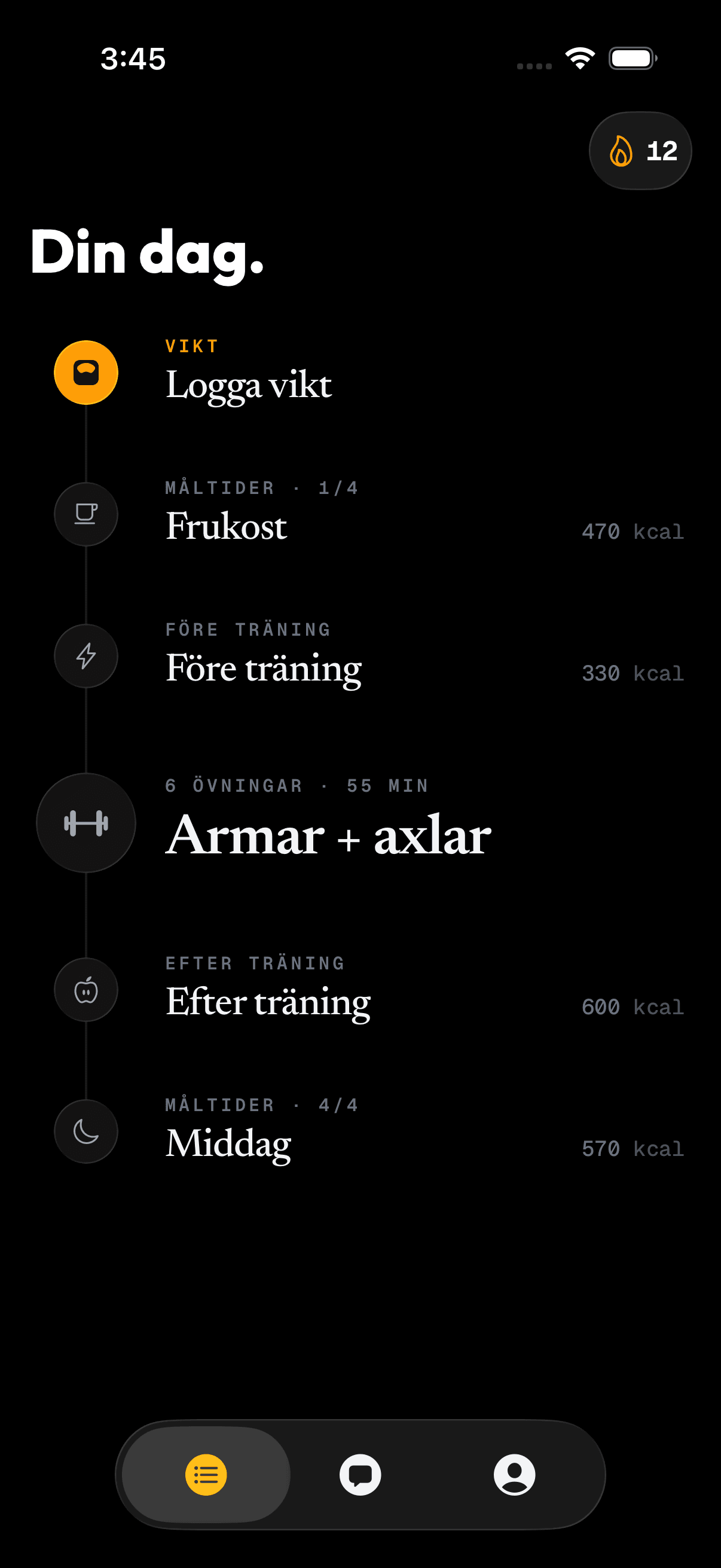 En dag i gymply i ordning: logga vikt, fyra måltider med sina kalorier, och dagens pass med sex övningar i mitten