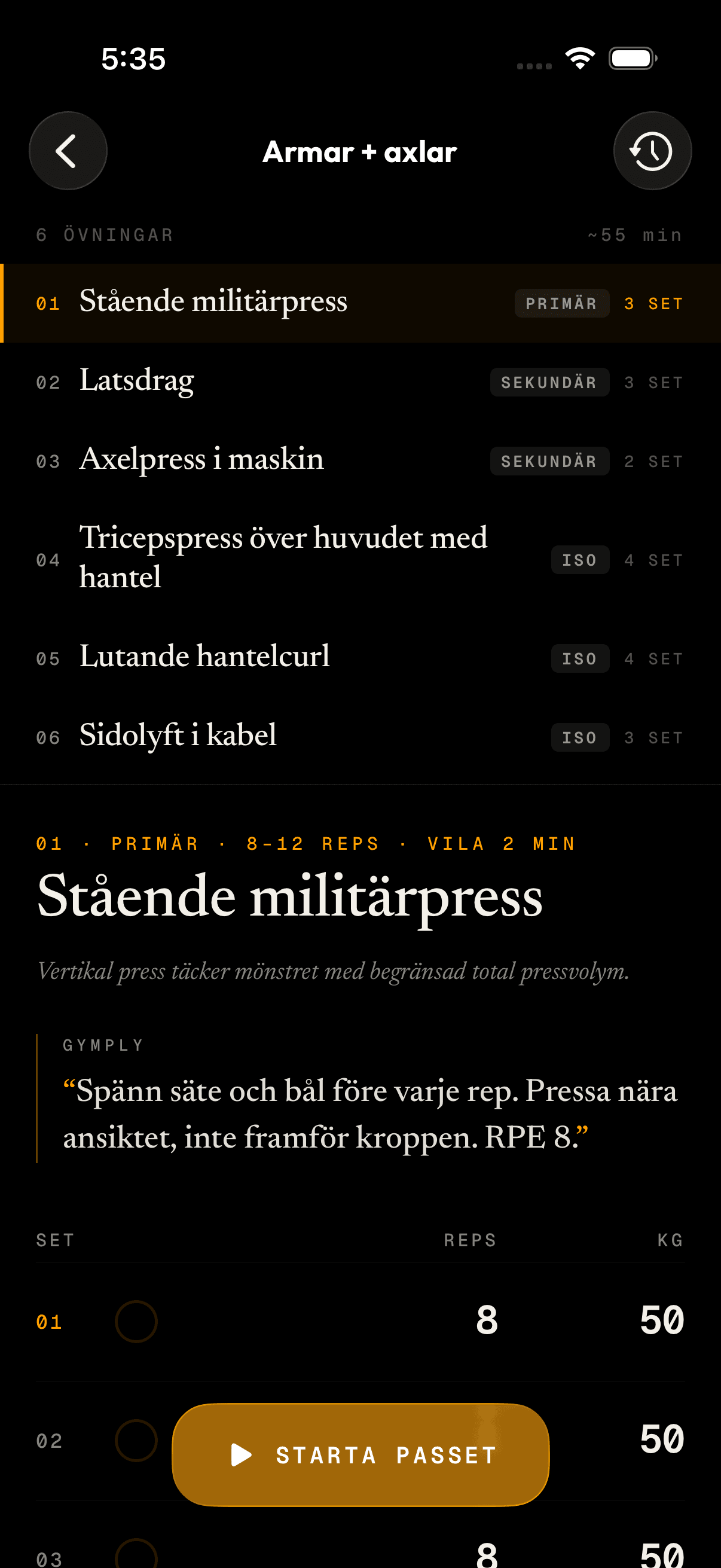 gymply-appen som visar ett skräddarsytt träningsprogram