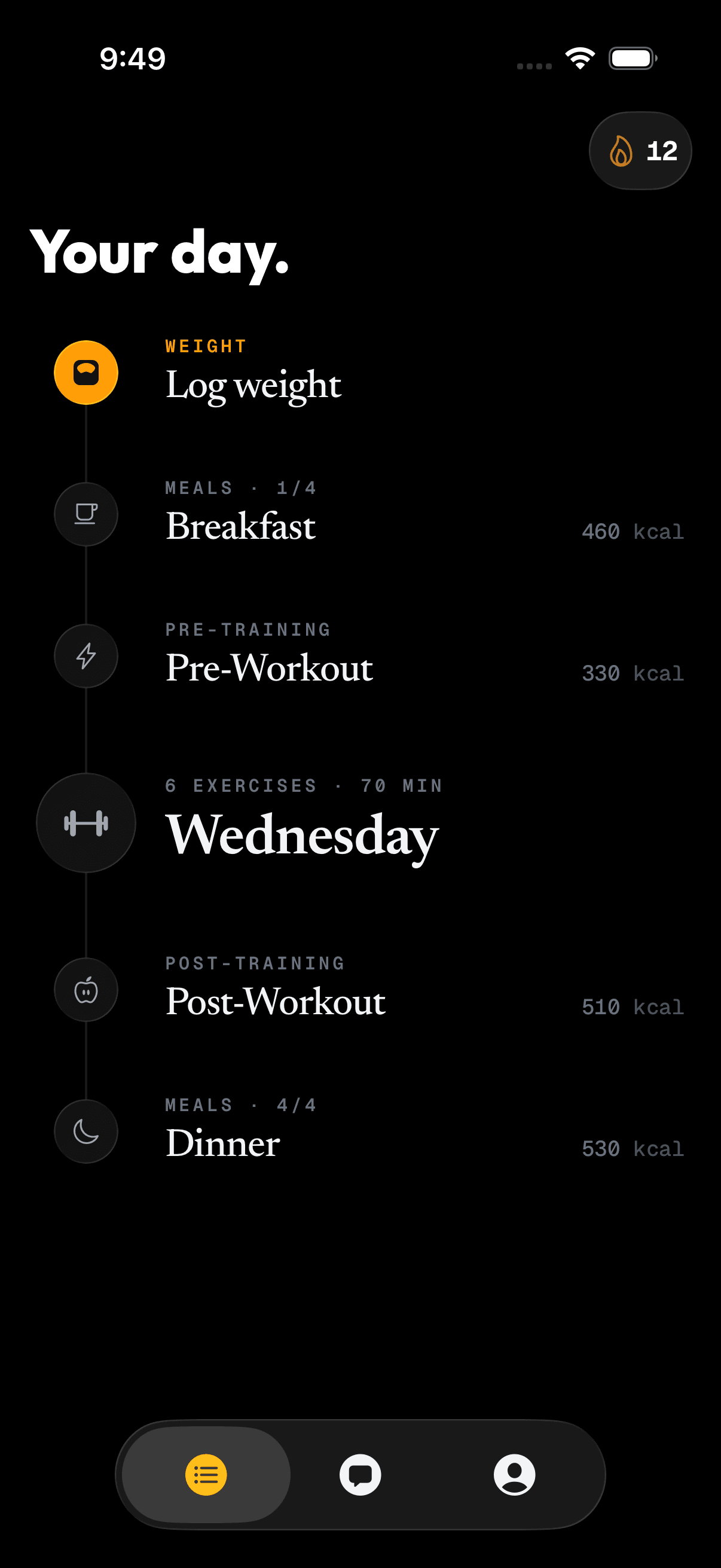 A gymply day in order: log your weight, four meals with their calorie counts, and Wednesday's six-exercise session in the middle