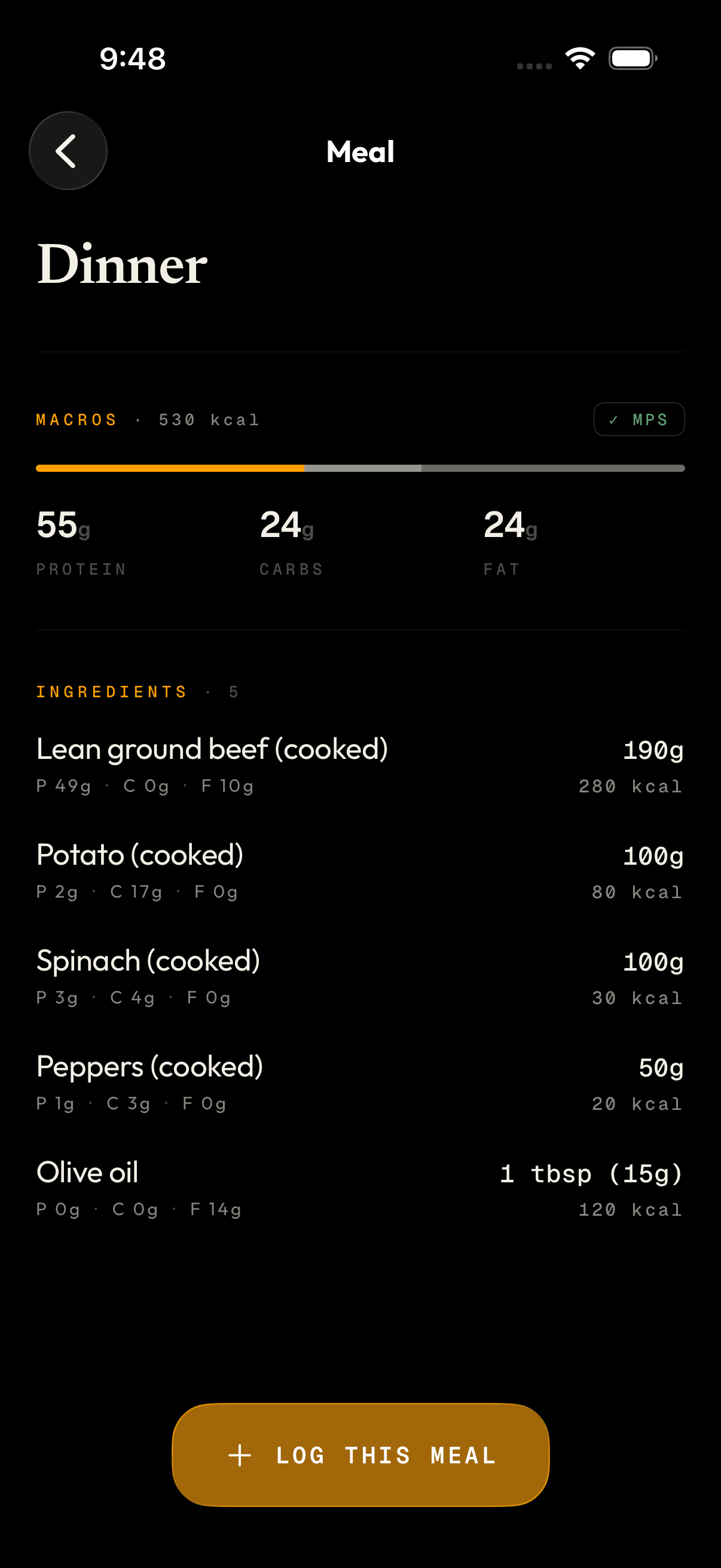 A gymply dinner: 530 kcal at 55 g protein, 24 g carbs and 24 g fat, with every ingredient weighed out