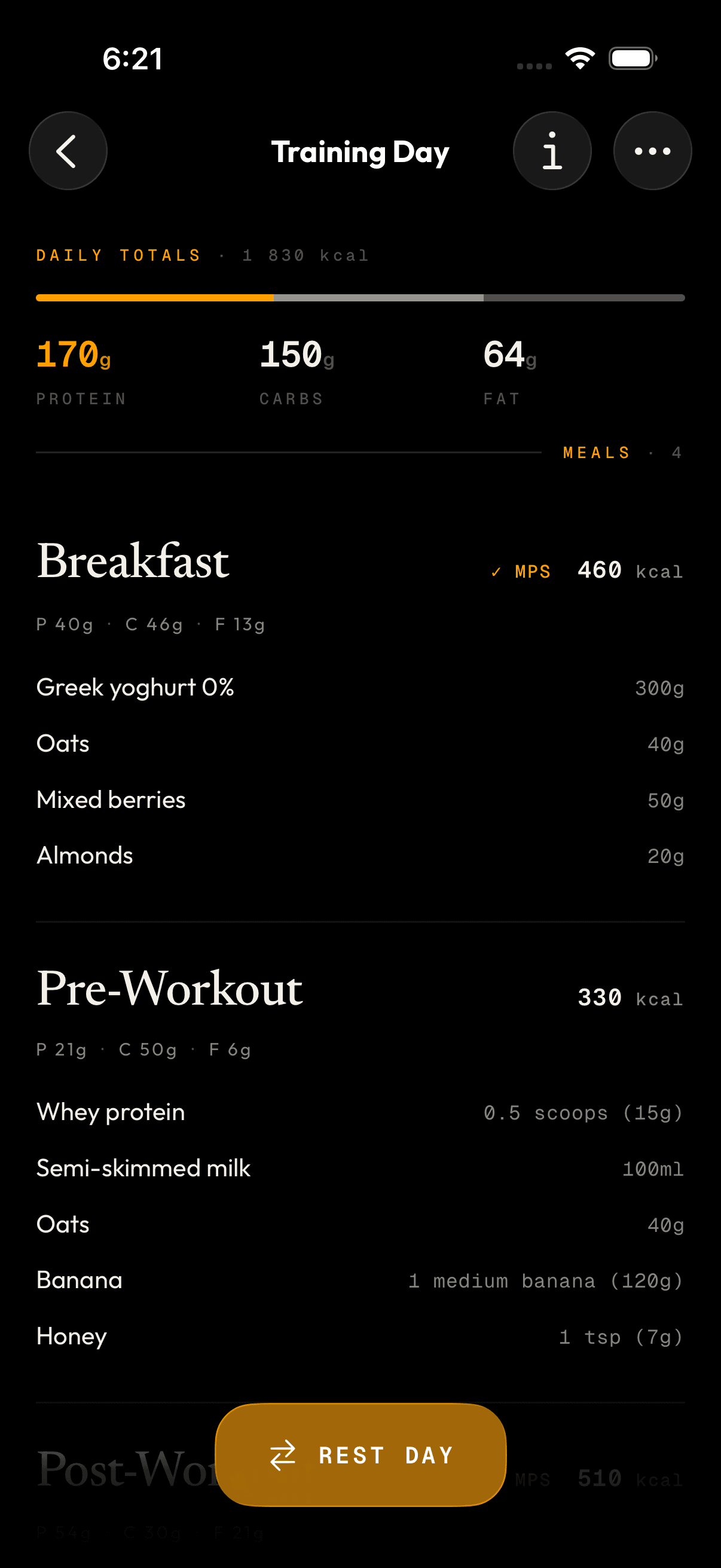 The gymply app showing a personalized meal plan