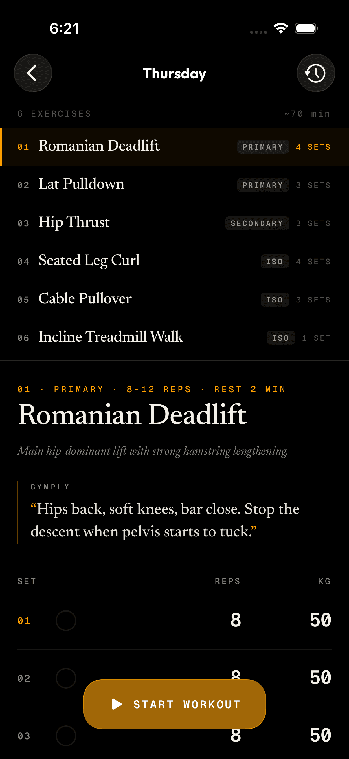 The gymply app showing a personalized workout program