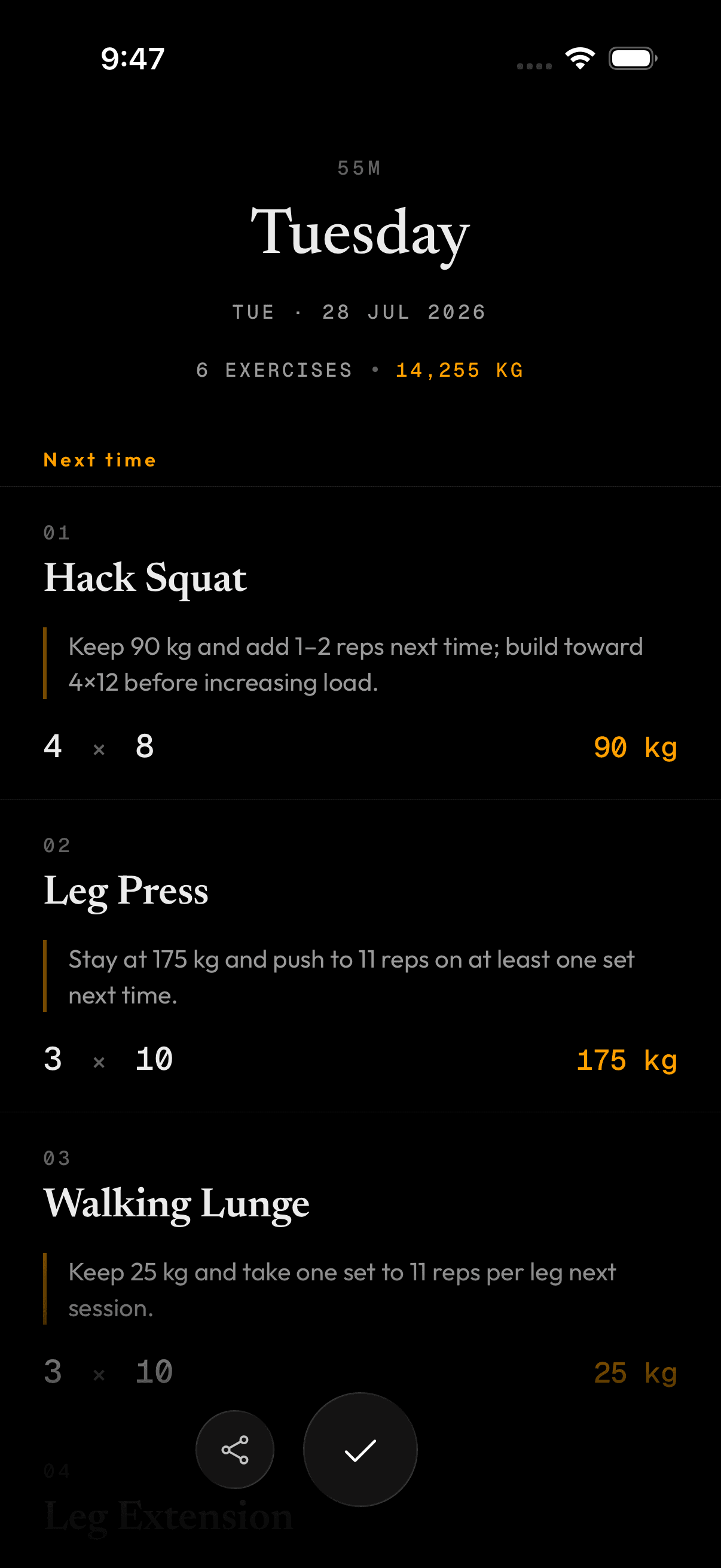 A finished gymply session: every exercise carries an instruction for next time, such as keeping 90 kg and adding one to two reps
